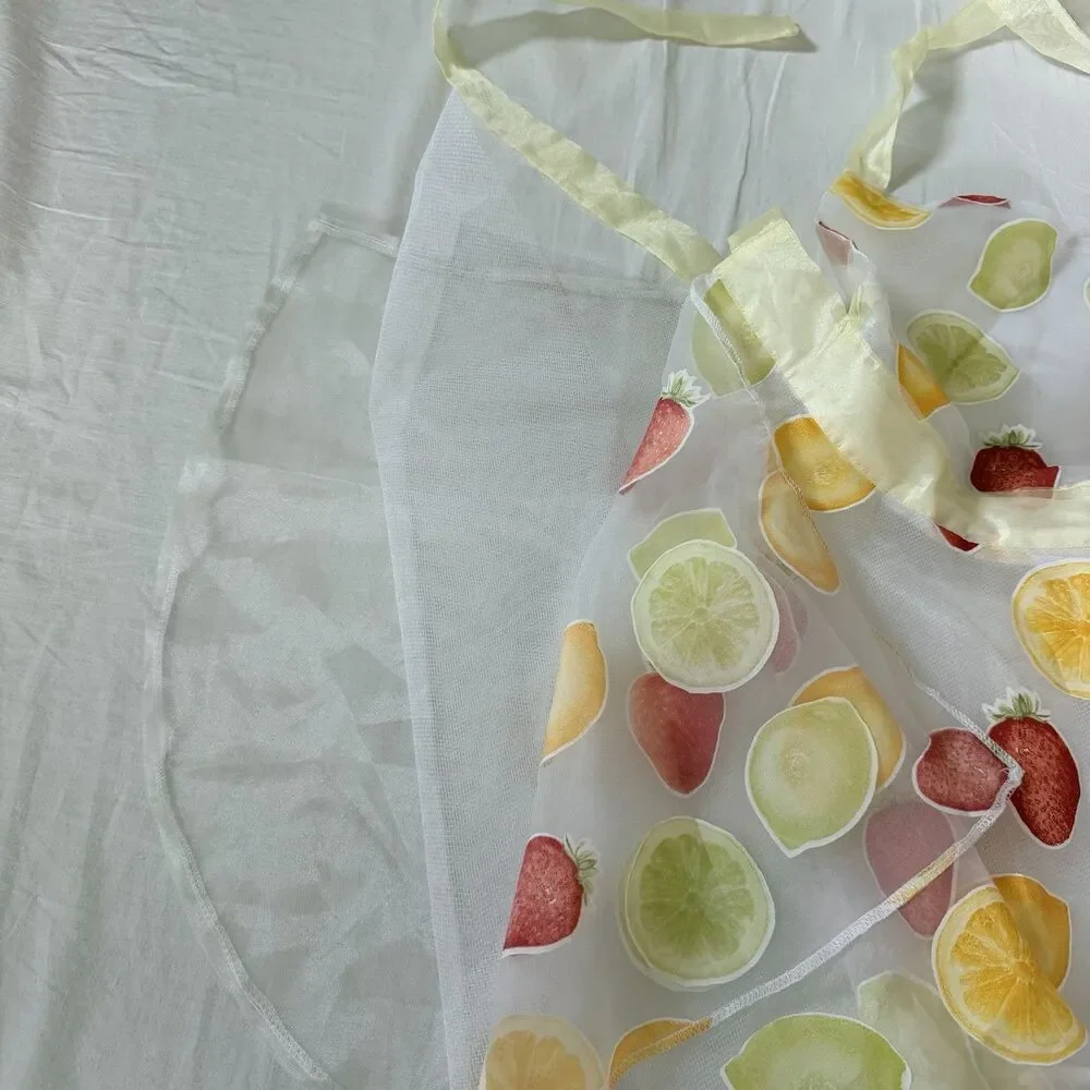 NWT PartyGirlAprons Sheer Fruit Print Hostess Apron Strawberry Lemon Citrus OS